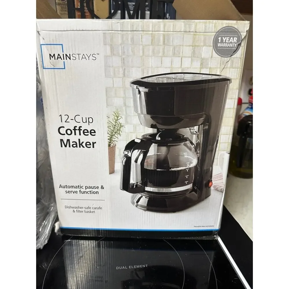 Mainstays 12-Cup Drip Coffee Maker Black Glass Carafe Auto Pause & Serve New
